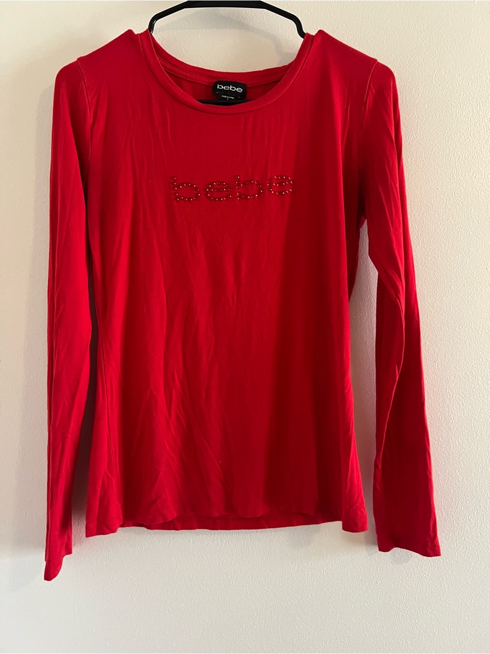 Ladies Bebe Red Studded Logo Long Sleeve Top